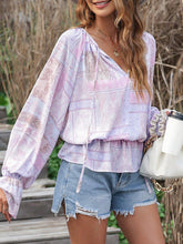 Mixed Print Split Neck Ruffle Bubble Sleeve Blouse